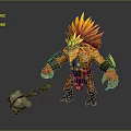 Mythical Game Character With Flame Spiked Hair Orange Red Skin Clawed Hands And Stone Hammer