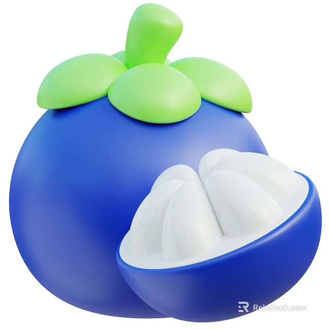 Fresh Ripe Blue Mangosteen Fruit With Green Leaves And White Pulp 3d model 