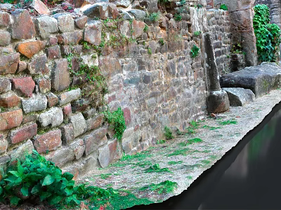 Ancient Stone Wall Covered With Moss Along Stone Path And Green Plants 3d model