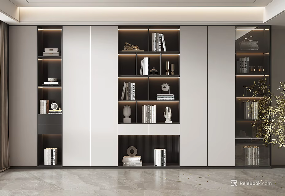 Modern Bookcase Interior Design With Open Shelves Glass Doors And Decorative Items 3d model 