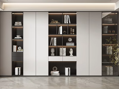 Modern Bookcase Interior Design With Open Shelves Glass Doors And Decorative Items 3d model