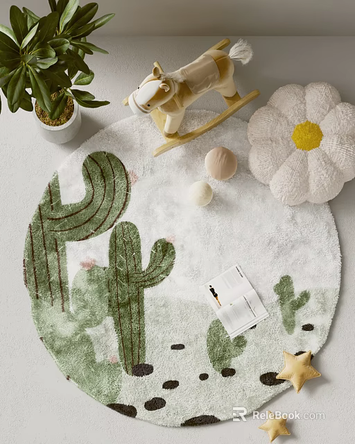 Round Rug With Cactus Design In Kids Room Featuring Rocking Horse Plush Toy And Notebook 3d model 