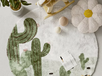 Round Rug With Cactus Design In Kids Room Featuring Rocking Horse Plush Toy And Notebook 3d model