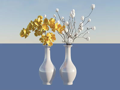 Stylish White Vases With Yellow And White Flowers On Blue Background 3d model