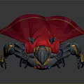 Sleek Dark Mechanical Warrior Character With Red Cape Blue Yellow Accents And Green Gemstone Chest