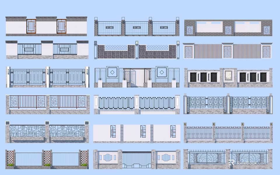 Various Garden Wall Design Styles With Decorative Patterns And Structural Elements 3d model