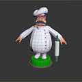 3D Chef Figurine In White Uniform With Chef Hat Mustache And Green Base Holding Bottle
