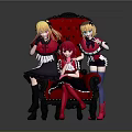 Three Anime Game Characters In Red And Black Outfits Sitting On Ornate Red Chair