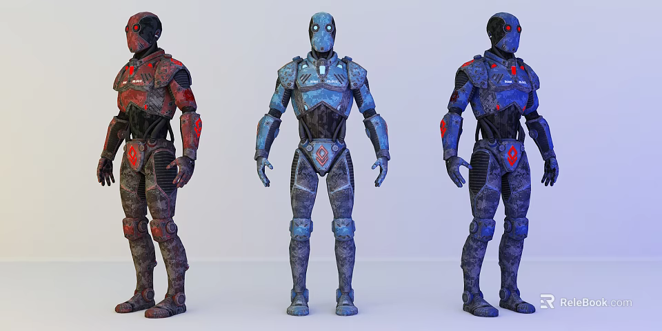 Smart Machines Showcasing Three Colored Armor Suits With Mechanical Details 3d model 