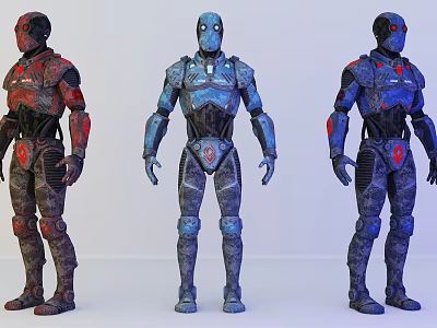 Smart Machines Showcasing Three Colored Armor Suits With Mechanical Details 3d model