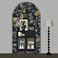 Stylish Room Decor With Lemon Patterned Wallpaper Arched Decoration Black Cabinet And Floor Lamp