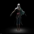 Woman With White Hair Green Cape And Armored Clothing Standing In Dark Background Pose