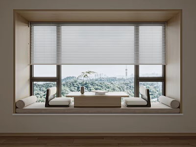 Comfortable Upholstered Window Sill Seats With Small Table Plant And Scenic Outdoor View 3d model