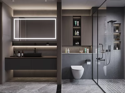 Modern Bathroom Interior Design With Large Mirror Vanity Storage Cabinets Toilet And Glass Shower Partition 3d model