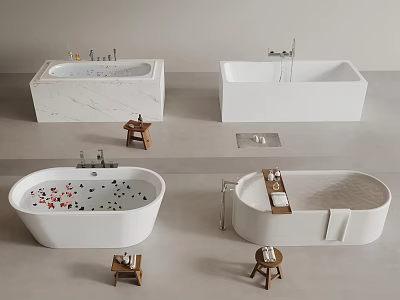 Various Bathtub Designs Including Marble And White Styles With Wooden Stools And Toiletries 3d model