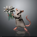 Standing Cute Rat Holding White Flowers With Green Stems On Reflective Surface