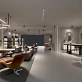 Modern Interior Showroom Featuring Leather Sofa Armchair Bookshelves And Pendant Lights