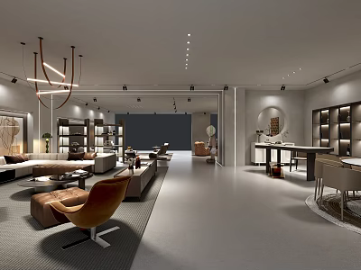Modern Interior Showroom Featuring Leather Sofa Armchair Bookshelves And Pendant Lights 3d model