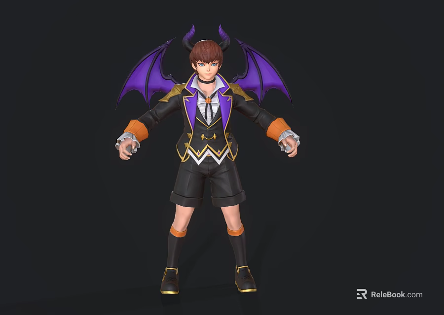 Game Movie Character With Purple Wings Horns Brown Hair Gold Accents And Orange Wristbands 3d model 