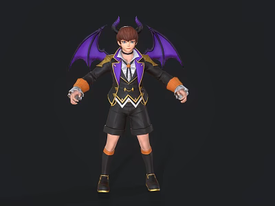 Game Movie Character With Purple Wings Horns Brown Hair Gold Accents And Orange Wristbands 3d model