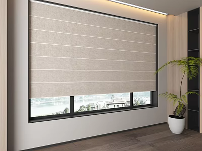 Beige Striped Roller Blinds in Modern Interior with Scenic Window View and Potted Plant 3d model