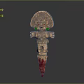 Ancient Decorative Weapon With Carved Head Red Eyes Green Ornaments And Red Tip