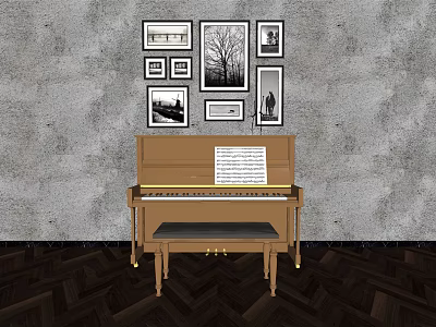 Acoustic Piano with Sheet Music Framed Artworks on Concrete Wall and Wooden Floor 3d model