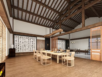 Traditional Chinese Clubhouse With Calligraphy Wooden Beams And Minimalist Furniture 3d model