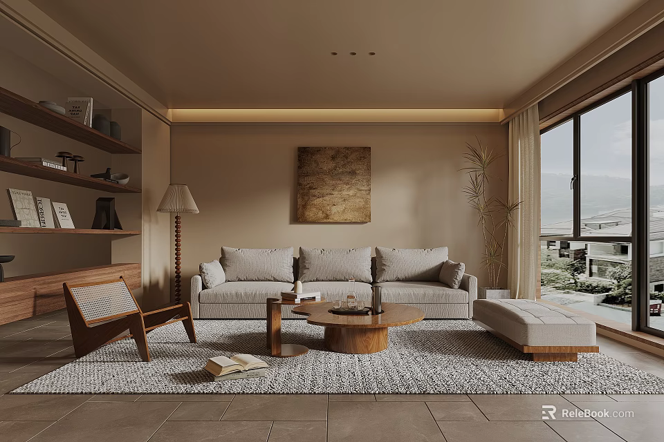 Cozy Living Room Interior With Beige Sofa Wooden Coffee Table Armchair And Wall Art 3d model 