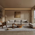 Cozy Living Room Interior With Beige Sofa Wooden Coffee Table Armchair And Wall Art