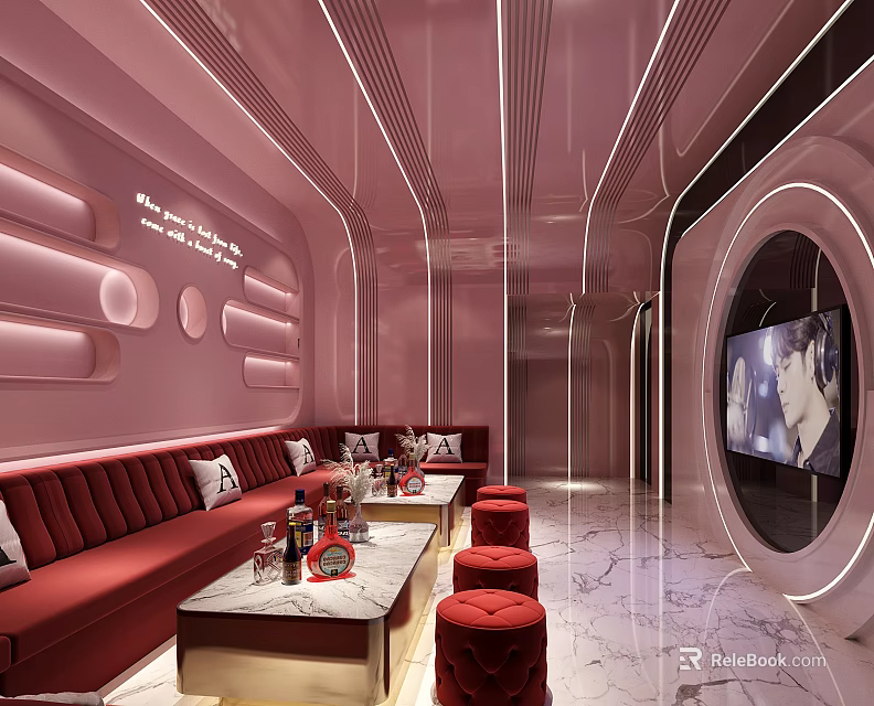 Stylish Pink KTV Interior Design With Red Sofas Marble Tables Linear Lighting And Wall Text 3d model 