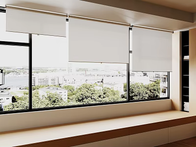 White Roller Blinds On Large Window With City View And Wooden Windowsill 3d model