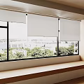 White Roller Blinds On Large Window With City View And Wooden Windowsill