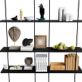 Decorative Ornament Collection on Black Shelf with Hand Sculpture Mask Photo Frame Apple and Books
