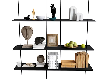 Decorative Ornament Collection on Black Shelf with Hand Sculpture Mask Photo Frame Apple and Books 3d model