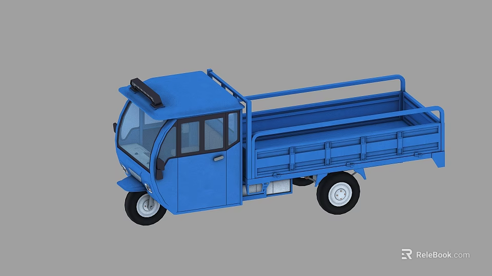 Blue Three Wheel Cargo Truck With Cab And Open Truck Bed 3d model 