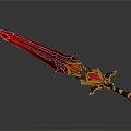 Red And Golden Mythical Sword With Intricate Ornate Design And Decorative Hilt