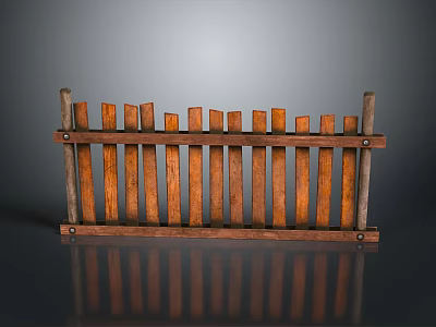 Wood And Stone Fence Structure Featuring Brown Wooden Slats And Horizontal Support Rails 3d model