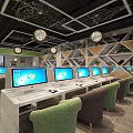 Modern Internet Cafe Interior With Multiple Computer Monitors Comfortable Seats And Stylish Lighting 3d model
