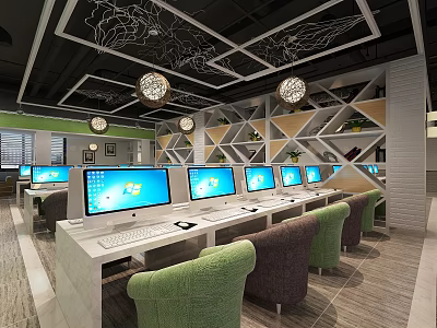 Modern Internet Cafe Interior With Multiple Computer Monitors Comfortable Seats And Stylish Lighting 3d model