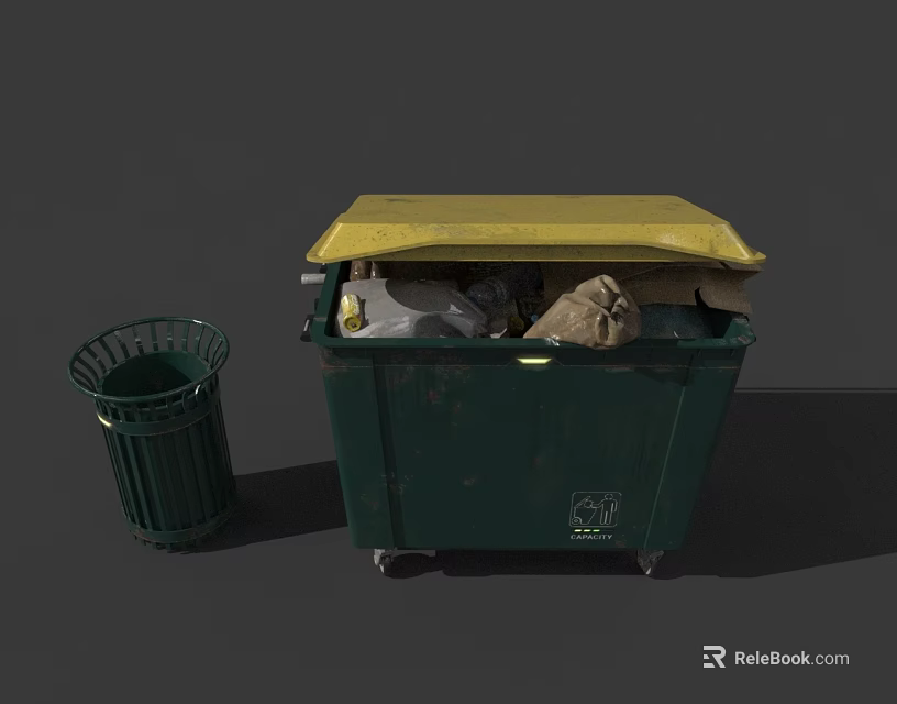 Green Large Trash Bin With Yellow Swing Door Lid And Small Trash Can 3d model 