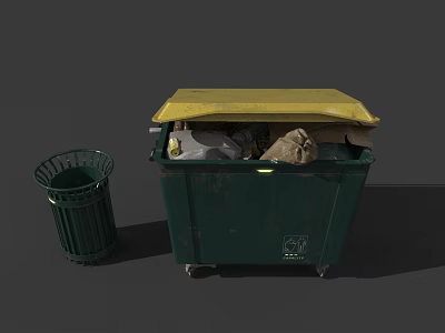 Green Large Trash Bin With Yellow Swing Door Lid And Small Trash Can 3d model