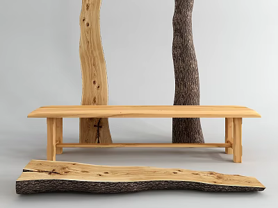 Natural Log Wooden Bench With Smooth Surface And Tree Trunk Elements 3d model