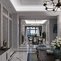 Modern Living and Dining Room Interior With Chandeliers Marble Floor TV Unit And Plants