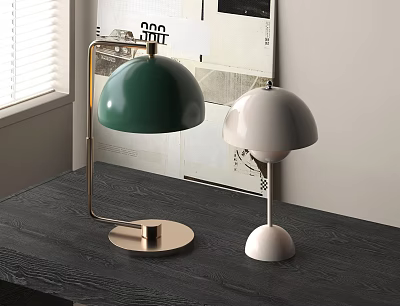 Modern Green And White Table Lamps With Brass Base On Dark Wooden Table 3d model