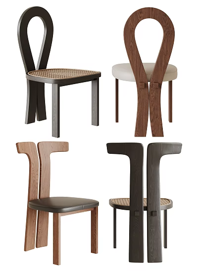 Modern Dining Chairs With Wooden Frame Rattan And Leather Seats Unique Designs 3d model