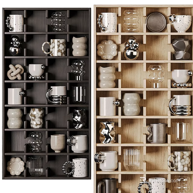 Various Mugs With Different Designs And Materials Displayed On Wooden And Dark Grid Shelves 3d model 