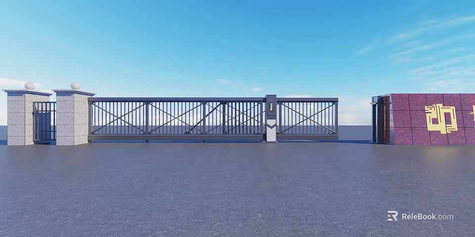 Modern Entrance Gate With Metal Grille Design And Sliding Structure Under Blue Sky 3d model 