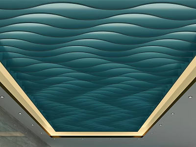 Padded Wavy Teal Ceiling Design With Golden Border And Recessed Lighting 3d model