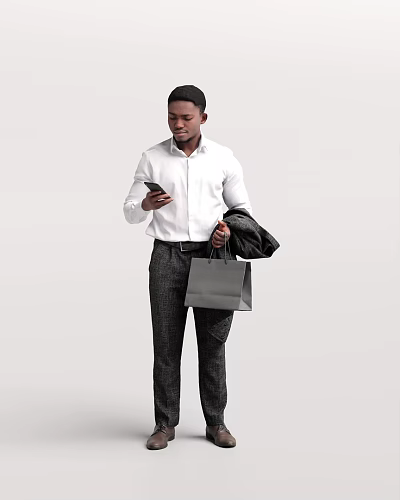 Man Standing Wearing White Shirt Dark Pants Holding Smartphone Shopping Bag And Jacket 3d model